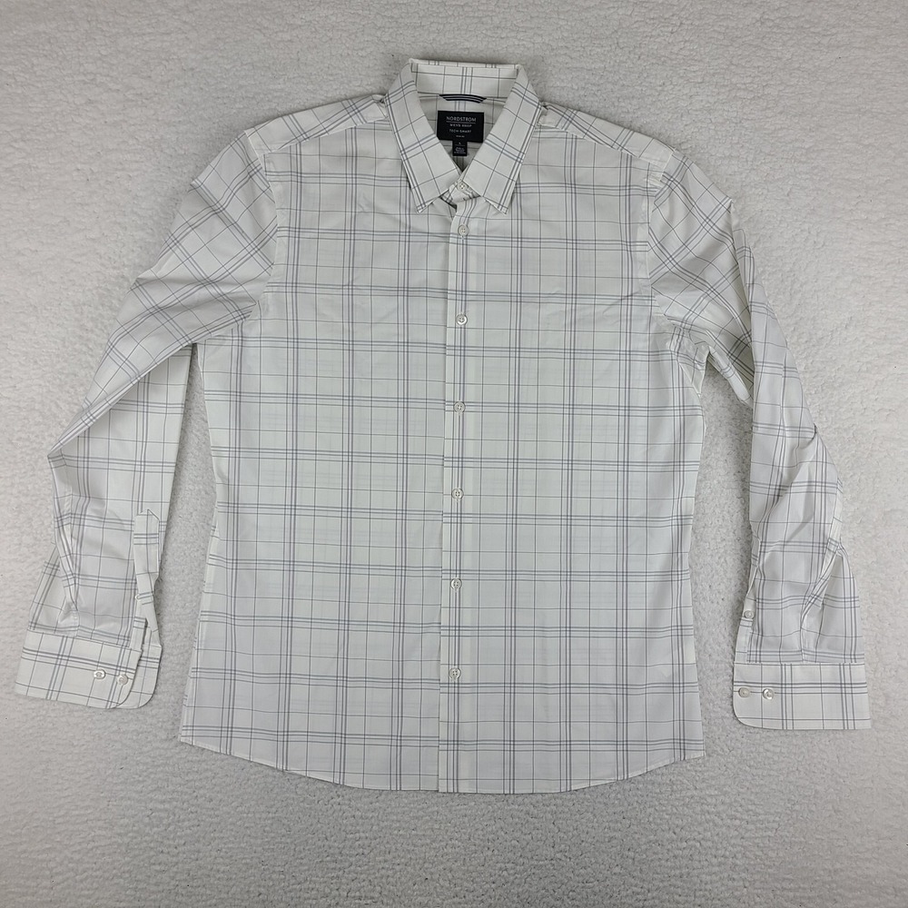 Nordstrom Shirt Mens Large Gray White Plaid Tech Smart Trim Fit Dress‎ Button Up